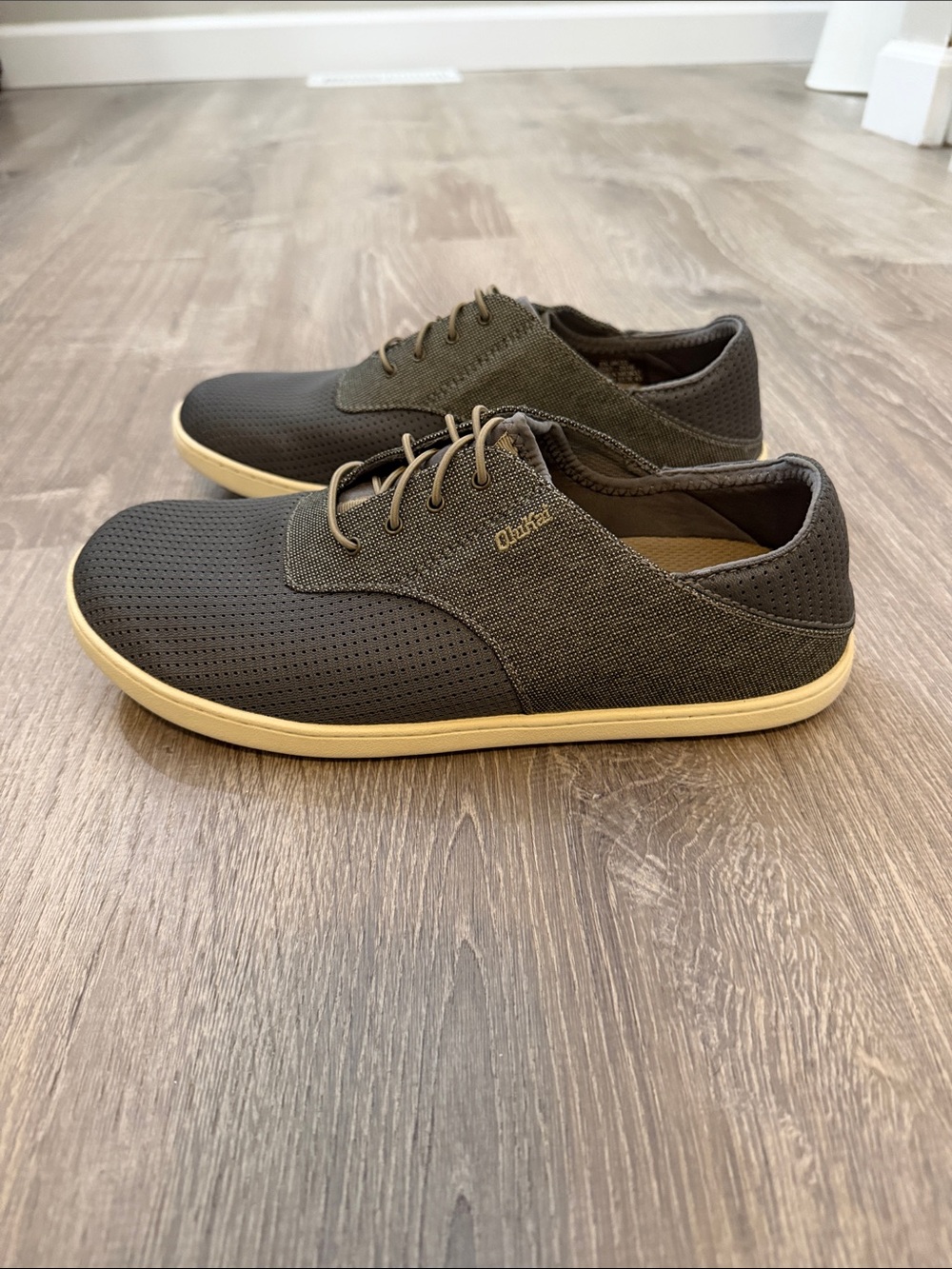 OluKai Men's Perforated Slip-On Lace Shoes in Dark Gray with Cream Sole - Picture 4 of 5